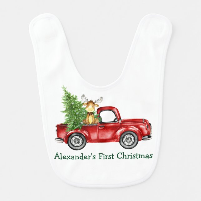 Baby First Christmas Red Truck Tree Moose Baby Bib (Front)