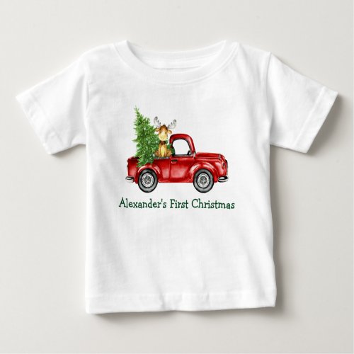 Baby First Christmas Red Truck Tree Moose Baby T_Shirt