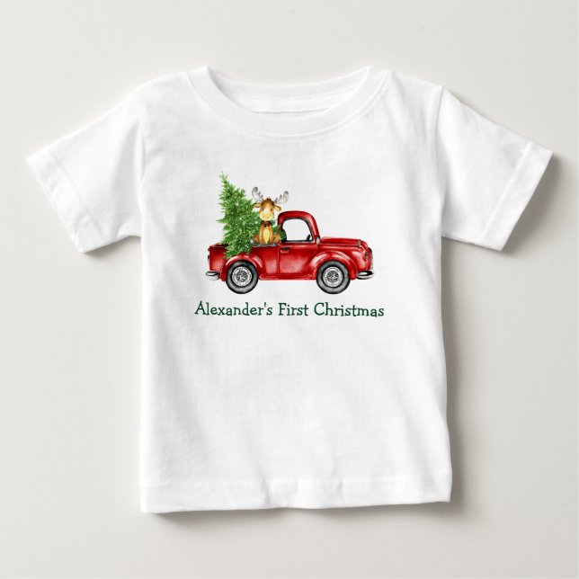 Baby First Christmas Red Truck Tree Moose Baby T-Shirt (Front)