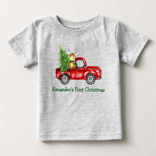 Baby First Christmas Red Truck Tree Moose Gray Baby T_Shirt