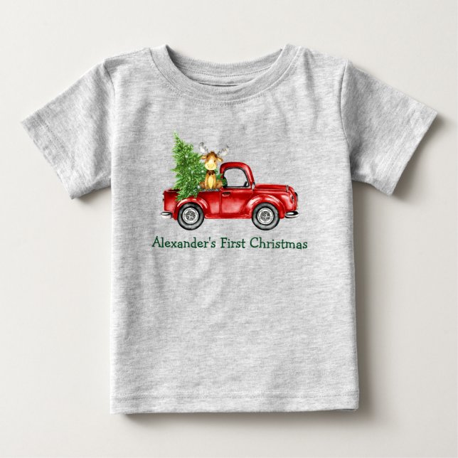 Baby First Christmas Red Truck Tree Moose Gray T-Shirt (Front)