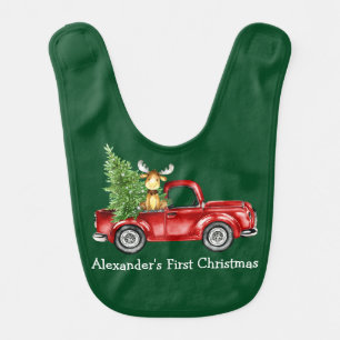 Baby First Christmas Red Truck Tree Moose Green Bib
