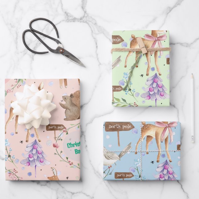Baby First Christmas Reindeer Add Baby Name Wrapping Paper Sheets (Front)