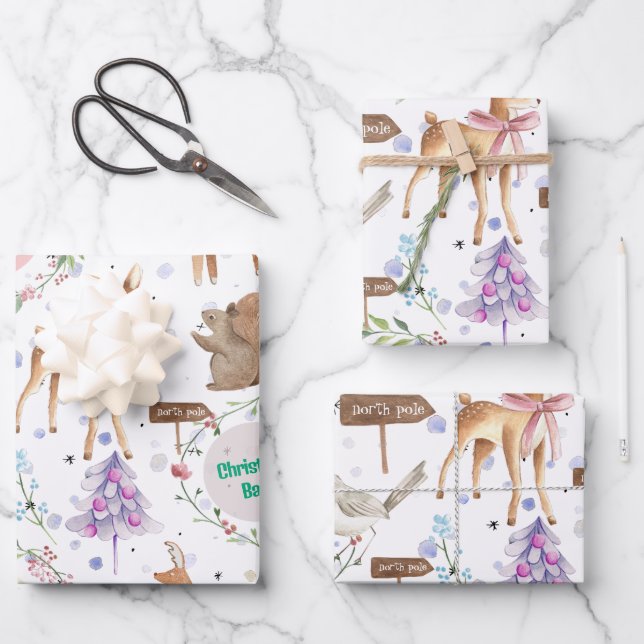 Baby First Christmas Reindeer Add Baby Name Wrapping Paper Sheets (Front)