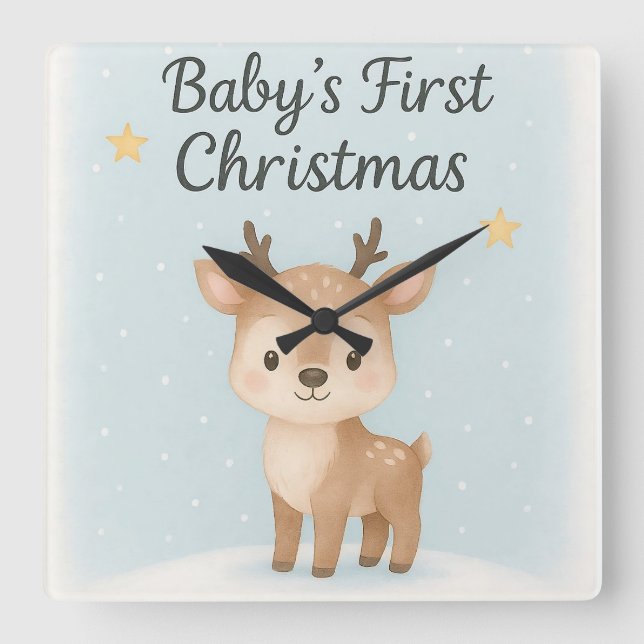 Baby first christmas reindeer cute gentle nursery  square wall clock (Front)