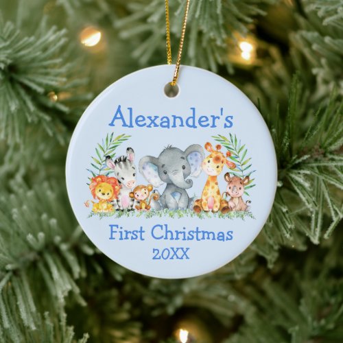 Baby First Christmas Safari Animals Blue  Ceramic Ornament