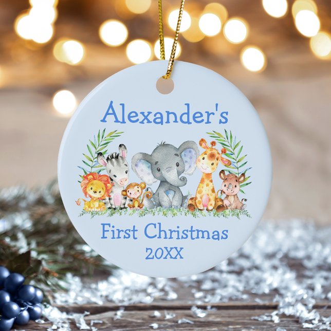 Baby First Christmas Safari Animals Blue  Ceramic Ornament (Customize with name and year.)