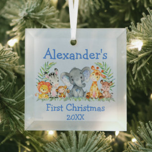 Baby First Christmas Safari Animals Blue Glass Ornament