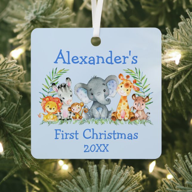 Baby First Christmas Safari Animals Blue Metal Ornament (Insitu)