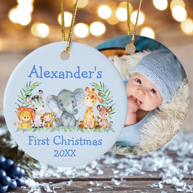 Baby First Christmas Safari Animals Blue PHOTO Ceramic Ornament (Customize with name, year and photo on back.)