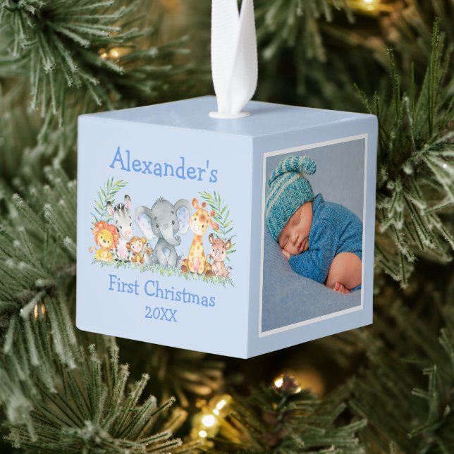 Baby First Christmas Safari Animals Blue Photo Cube Ornament (Tree)