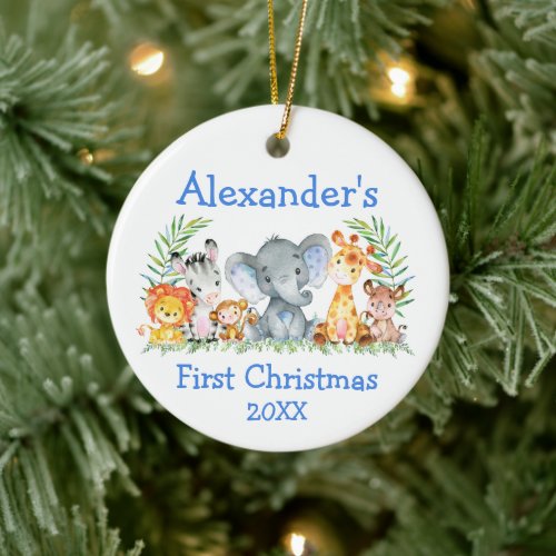 Baby First Christmas Safari Animals Blue Round Ceramic Ornament