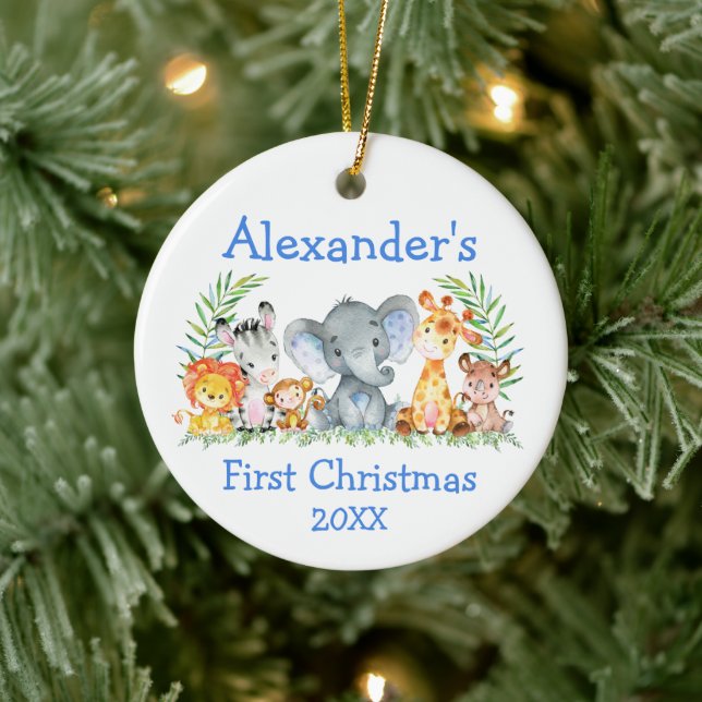 Baby First Christmas Safari Animals Blue Round Ceramic Ornament (Tree)