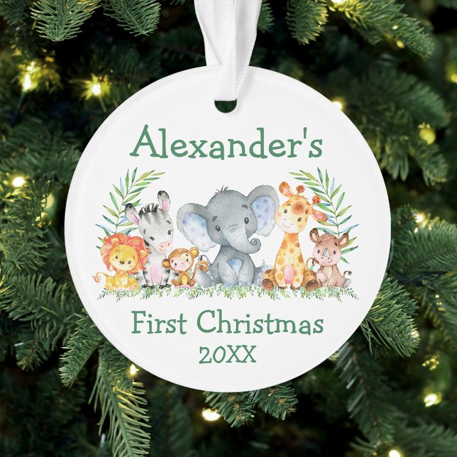 Baby First Christmas Safari Animals Green Round Ornament (Customize with name and year.)
