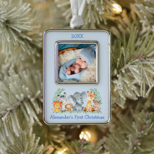 Baby First Christmas Safari Animals Photo Blue Ornament