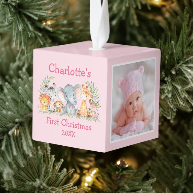 Baby First Christmas Safari Animals Pink Photo Cube Ornament (Tree)