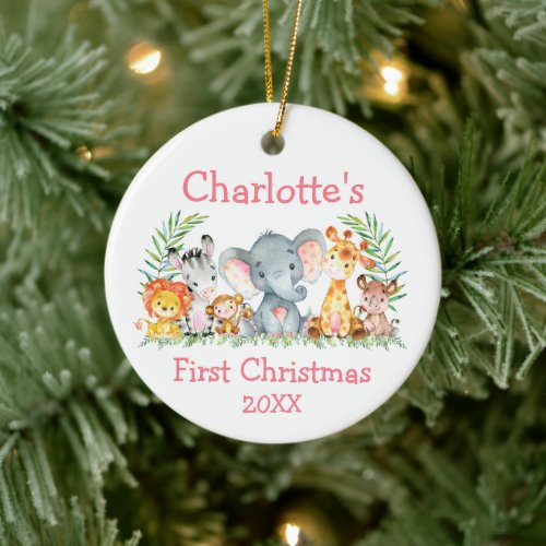 Baby First Christmas Safari Animals Pink Round Ceramic Ornament