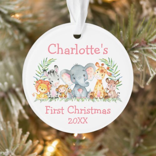 Baby First Christmas Safari Animals Pink Round Ornament