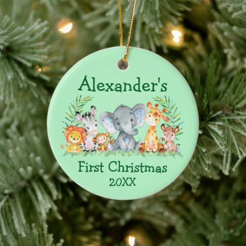 Baby First Christmas Safari Animals Round Green Ceramic Ornament