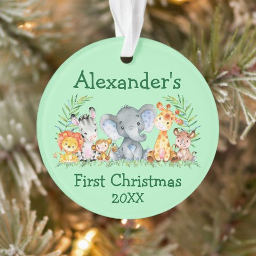 Baby First Christmas Safari Animals Round Green Ornament