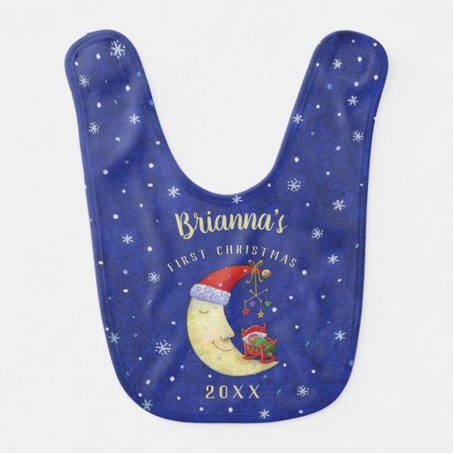 Baby First Christmas Santa Moon Monogram Name Baby Bib