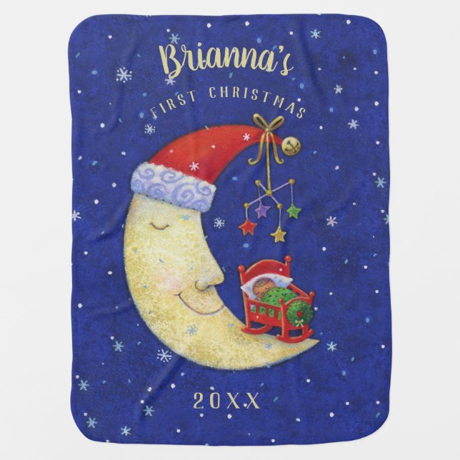 Baby First Christmas Santa Moon Monogram Name Baby Blanket (Front)