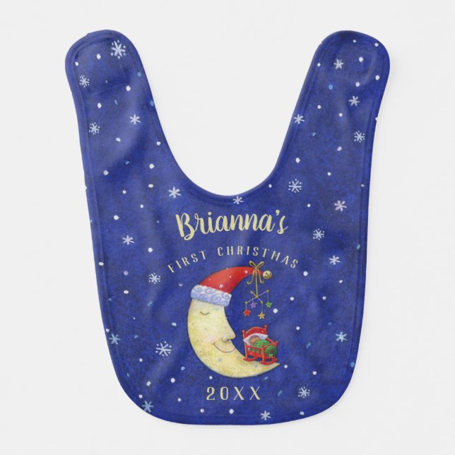 Baby First Christmas Santa Moon Monogram Name Bib (Front)