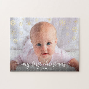 Baby First Christmas Script Gold Snowflake Photo Jigsaw Puzzle
