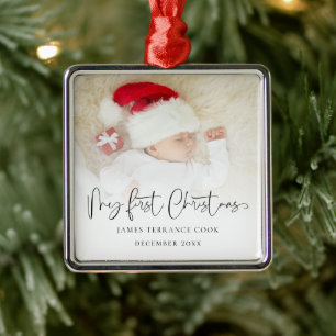 Baby First Christmas Script Name Photo Overlay Metal Ornament