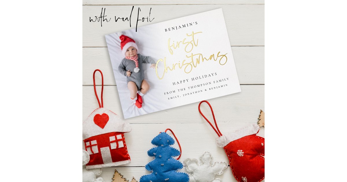 First Christmas Script Baby First Christmas Script Photo Overlay Foil Holiday Card | Zazzle