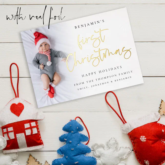 First Christmas Script Baby First Christmas Script Photo Overlay Foil Holiday Card | Zazzle