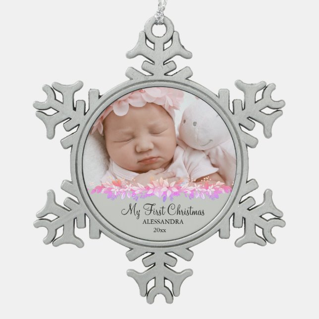 Baby First Christmas Silver Snowflake Pewter Christmas Ornament (Front)