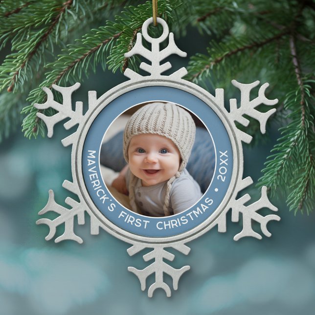 Baby First Christmas Simple Pastel Denim Blue Boy Snowflake Pewter Christmas Ornament (Personalized pewter Christmas Ornament - Baby's First Christmas)