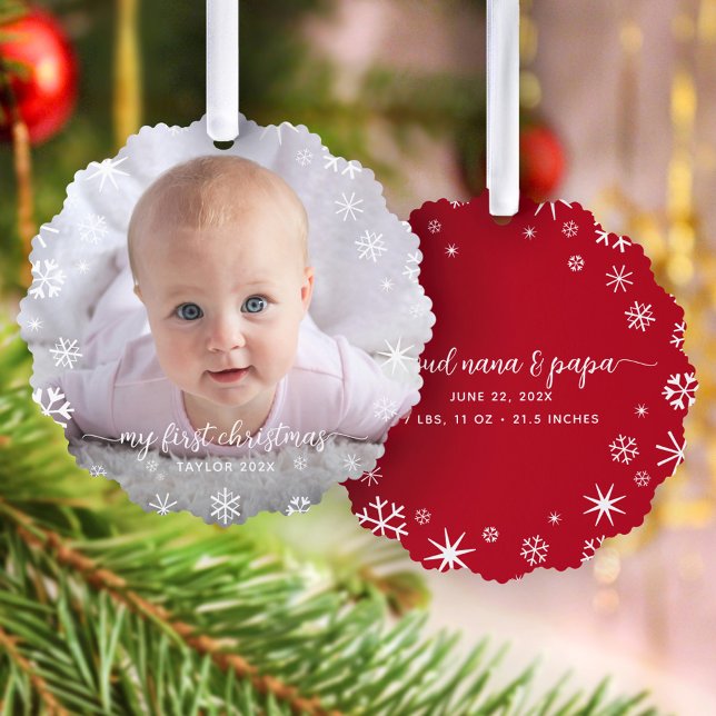 Baby First Christmas Snowflake Grandparents Script Ornament Card (Creator Uploaded)