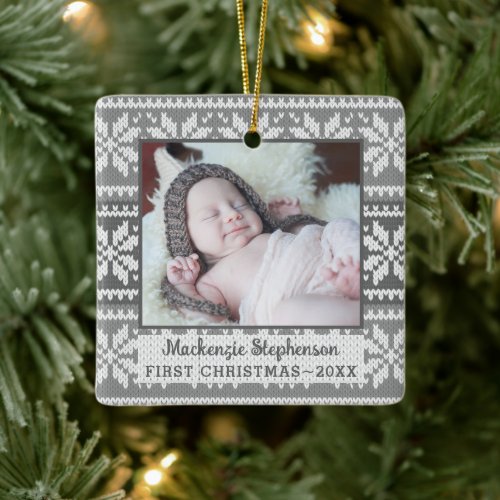 Baby First Christmas Snowflake Gray Sweater Photo  Ceramic Ornament