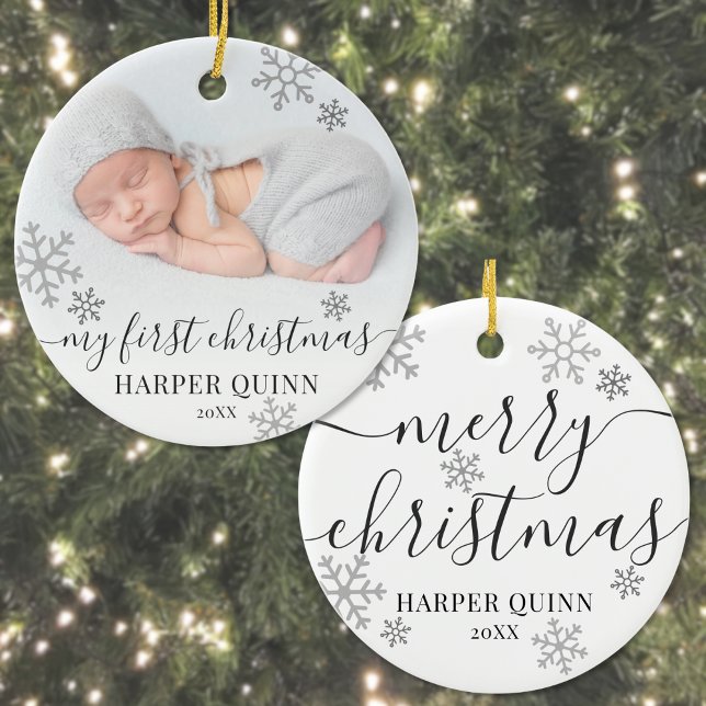 Baby First Christmas Snowflake Photo Newborn Ceramic Ornament (Snowflakes Photo Newborn Baby First Christmas Ceramic Ornament)