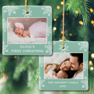 Baby First Christmas Snowflakes 2 Photo Mint Green Ceramic Ornament