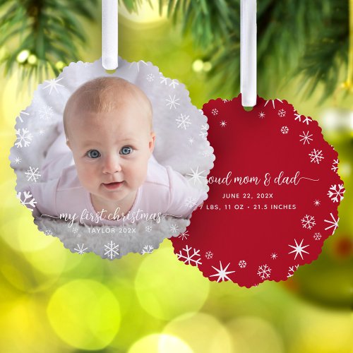 Baby First Christmas Snowflakes New Parents Script Ornament Card