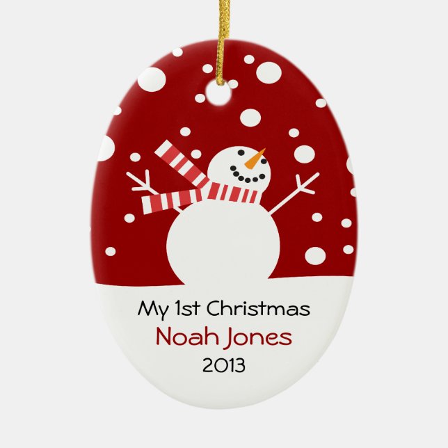 Baby First Christmas Snowman Customizable Ceramic Ornament (Front)
