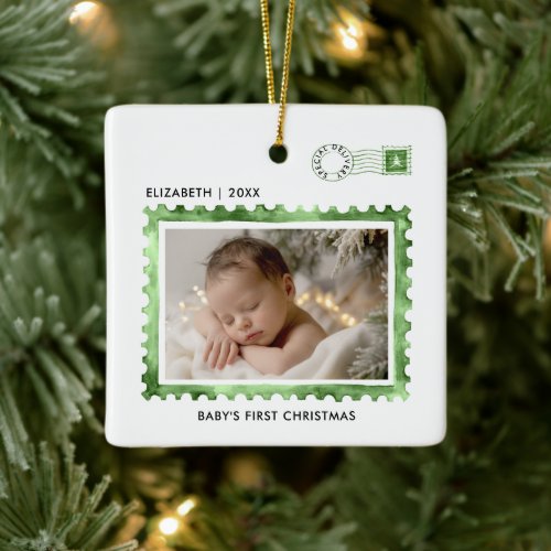 Baby First Christmas Stamp Special Delivery Photo Ceramic Ornament