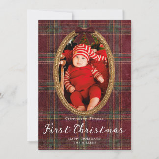 Baby First Christmas Tartan Gold Frame Christmas Holiday Card