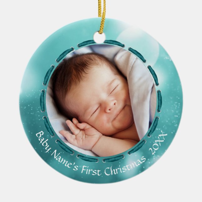 Baby First Christmas Teal Bokeh Personalized Photo Ceramic Ornament (Front)