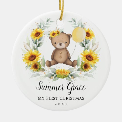 Baby First Christmas Teddy Bear Sunflower Wreath Ceramic Ornament