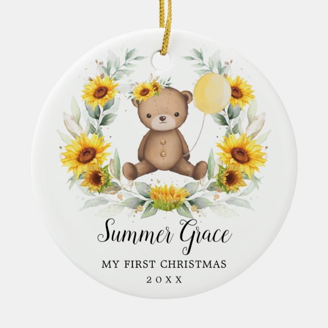 Baby First Christmas Teddy Bear Sunflower Wreath Ceramic Ornament (Front)