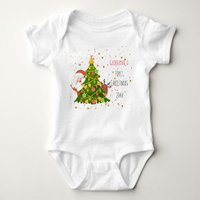 Baby First Christmas Tree Personalized Santa Baby Bodysuit (Front)