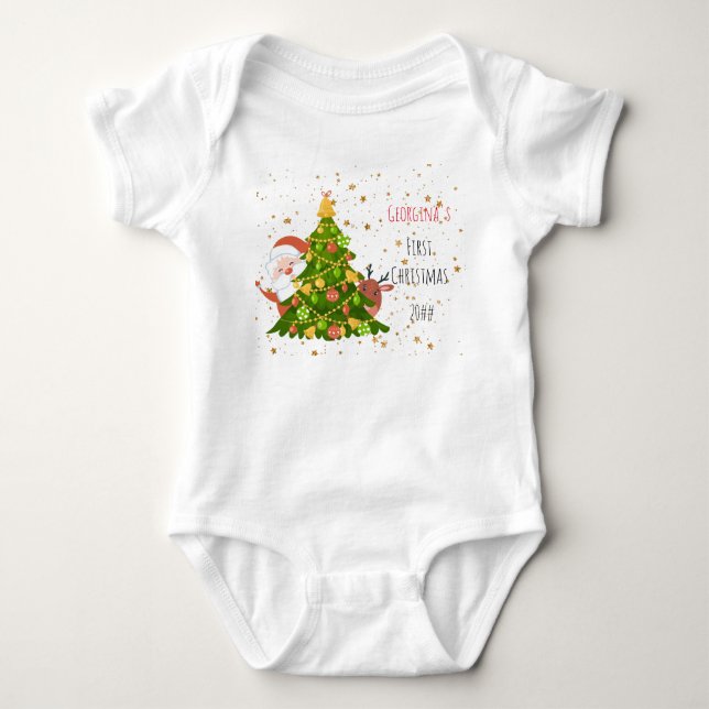 Baby First Christmas Tree Personalized Santa Bodysuit (Front)