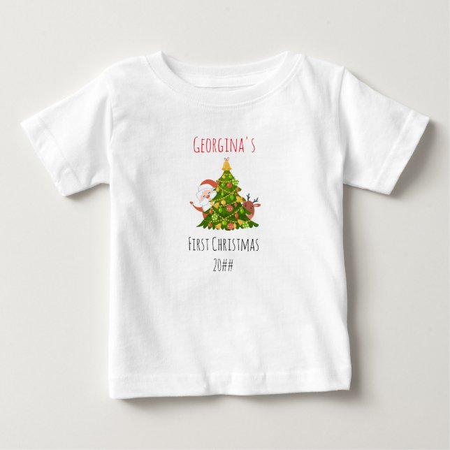 Baby First Christmas Tree Personalized Santa T-Shirt (Front)