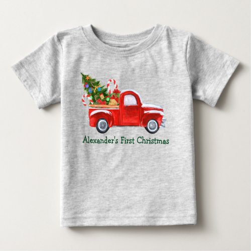 Baby First Christmas Truck Candy Canes Gray Baby T_Shirt