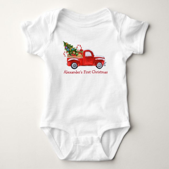 Baby First Christmas Truck Candy Canes Red Baby Bodysuit (Front)