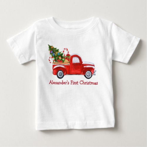 Baby First Christmas Truck Candy Canes Red Baby T_Shirt